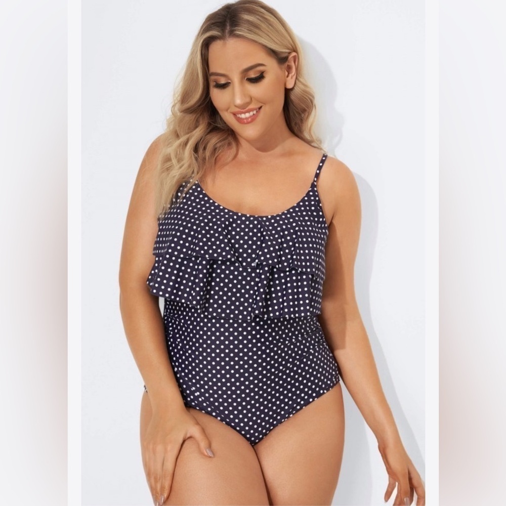 Meet Curve Navy Scoop Neck Dot Tiered One Piece Swimsuit size 3XL New with Tags